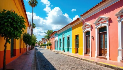Fototapeta premium Colorful colonial buildings line cobblestone street. Palm trees sway under bright blue sky with fluffy white clouds. Historic district offers picturesque view of old-world architecture, vibrant