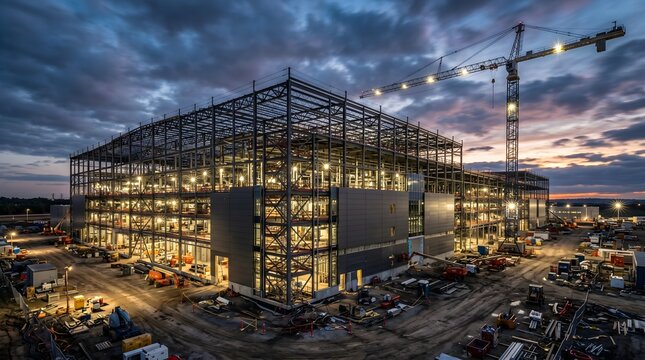 Large Data Center Under Construction at Twilight With Exposed Steel Framework Tower Crane Bright Interior Lights and Active Building Site Activity Under Dramatic Cloudy Sky