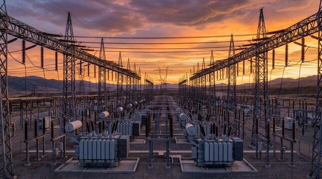 Large Electrical Substation at Dramatic Sunset With Multiple Power Transformers High Voltage Insulators Pylons and Transmission Lines Stretching Across Mountain Desert Landscape