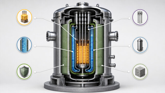 Cutaway diagram of a small modular nuclear reactor showing internal components with icon callouts

