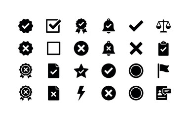 Fototapeta premium Approval Result Marks. Solid glyph icon set of Check mark and cross mark icons for validation, confirmation, checklist signs, approval badge, success, error, accept, and reject: tick badge, X badge,