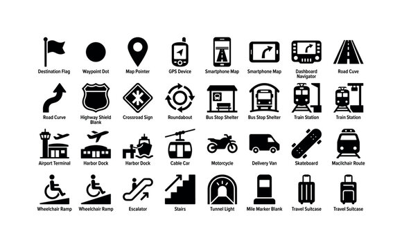 Route Guide Icons. Solid glyph icon set of navigation and transport: destination flag, waypoint dot, map pointer, GPS device, smartphone map, dashboard navigator, road curve, highway shield blank,