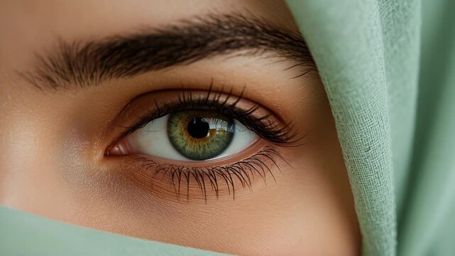 Close-up of beautiful green eye of Muslim woman in hijab blinking