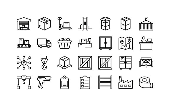 Freight Storage Kit. Line icon set of warehouse box pallet forklift stack container loading shipping receiving stacking transport storage logistic inventory distribution cargo package crate dock crane