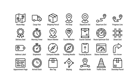 Courier Path Status. Line icon set of logistics and route delivery progress: route map, cargo van, shipping parcel, pin drop, departure dot, progress line, delivery seal, warning timer, return marker,