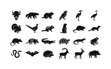 Obraz premium Wild Habitat Silhouettes. Solid glyph icon set of wildlife animal heads and bodies: bison, wolverine, marmot, falcon, heron, crane, wild turkey, pheasant, chipmunk, prairie dog, muskrat, weasel,