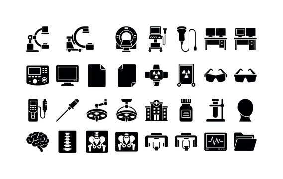 Diagnostic Machine Set. Solid glyph icon set of medical imaging: fluoroscopy arm, C-arm scanner, PET scanner, portable ultrasound, probe cable, scan console, control panel, medical screen, film sheet
