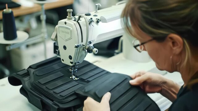 Female seamstress using industrial sewing machine to sew thick black material in a textile manufacturing workshop
