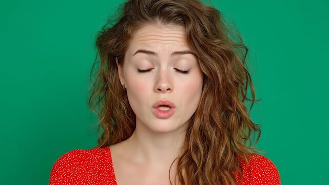 Female rolling her eyes in exasperation at a boring conversation on green screen background.