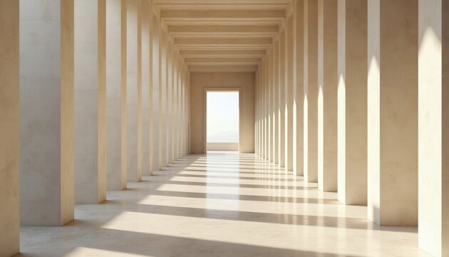 Minimalist white stone colonnade hallway with symmetrical pillars and door opening to bright light. Geometric perspective creates long shadows on the floor.