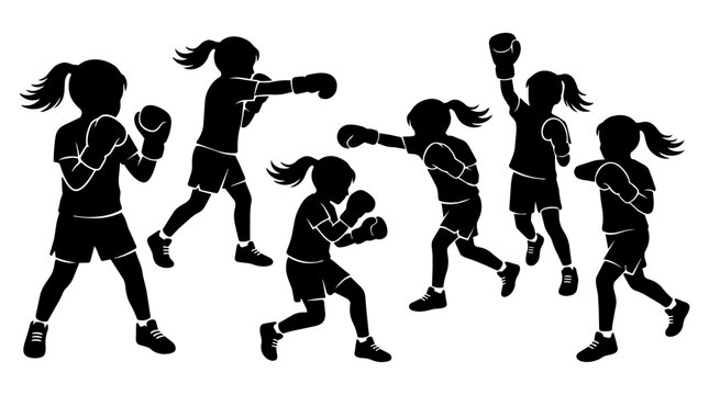 Girls spar with boxing gloves in a studio background. Silhouettes with ponytails show dynamic motion and playful mood.