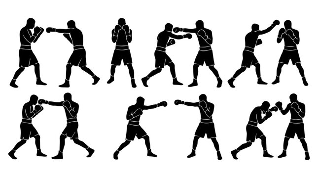 Boxing silhouettes spar and punch. They form a repeating high contrast pattern and convey energetic motion.