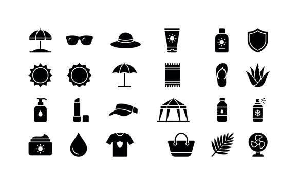 Sun Protection Glyphs. Solid glyph icon set of sun protection, SPF, and summer skincare: beach umbrella, sunglasses, sun hat, sunscreen tube, sunscreen bottle, SPF shield, sun disc, UV badge, parasol,