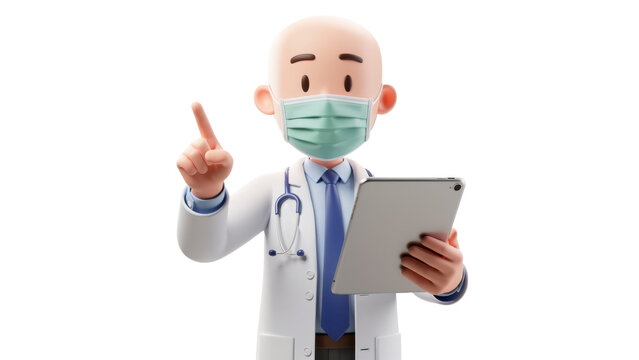 Doctor pointing at tablet while wearing face mask