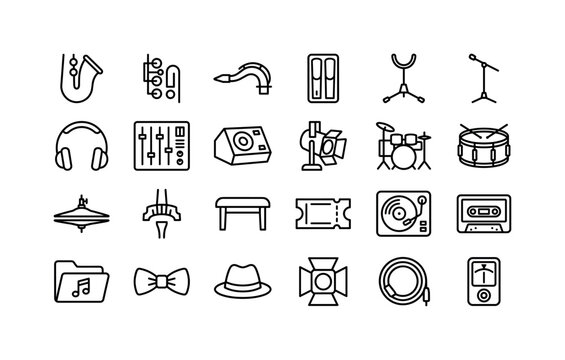 Jazz Concert Gear. Line icon set of jazz saxophone musician themes: sax bell, sax keys, curved sax neck, reed box, instrument stand, microphone stand, headphones, mixer console, stage monitor,