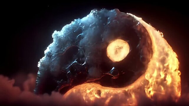 Yin Yang, Chinese philosophy, harmony, balance, Taoism. A vivid, fiery depiction of a celestial object, resembling a yinyang symbol, is set against a deep black background.