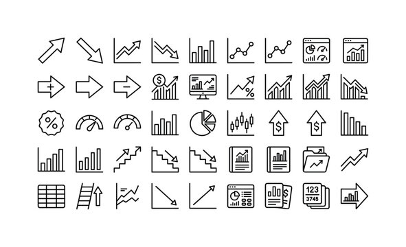 Growth Chart Increase. Line icon set of increase and decrease business graph objects: upward arrow, downward arrow, growth chart, decline chart, bar chart, line graph, statistic dashboard, profit