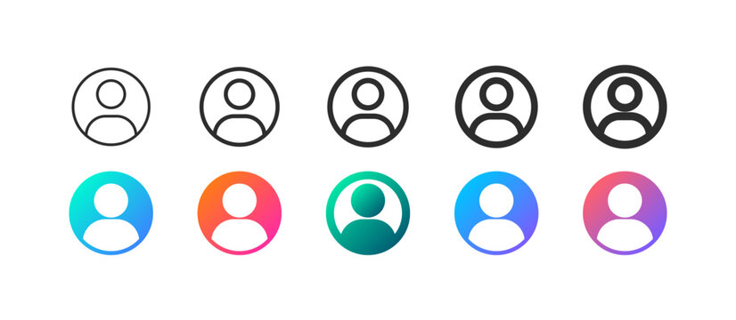 Gradient Profile User Avatar Icon Collection : User profile avatar icon set in outline and gradient styles for accounts, members, login, identity, contact, and app interface design.