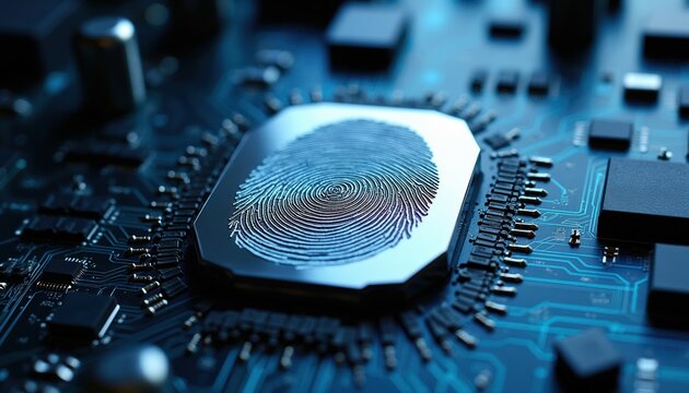 Fingerprint scan on computer chip. Digital security identity verification for access. Biometric authentication system concept. Secure data protection with tech.