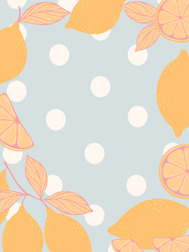 Colorful summer theme frame with pink - yellow lemons, polka dot background