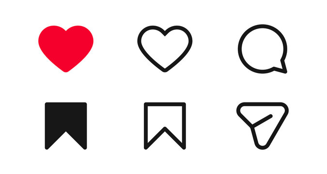 Social Interaction Like Comment Share Set : Simple social interaction icon set with heart, comment, bookmark, and send symbols for mobile apps, engagement, and community interfaces.