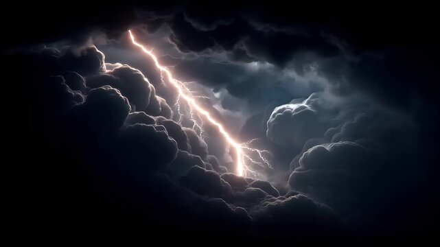 Fantasy wallpaper. A dramatic depiction of a lightning bolt striking through a stormy sky. The sky is filled with dark, swirling clouds, illuminated by the bright flash of the lightning.