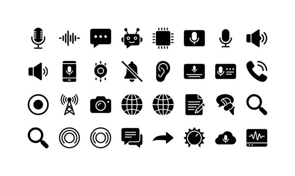 Voice Audio Glyphs. Solid glyph icon set of speech recognition and audio interaction: microphone, audio wave, speech bubble, chatbot head, AI talk chip, voice input slot, sound output speaker, smart