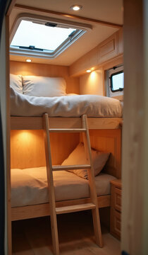 Bunk beds inside a camper van with warm interior lighting and a skylight. Ladder connects sleeping areas for comfort and space saving in mobile homes.