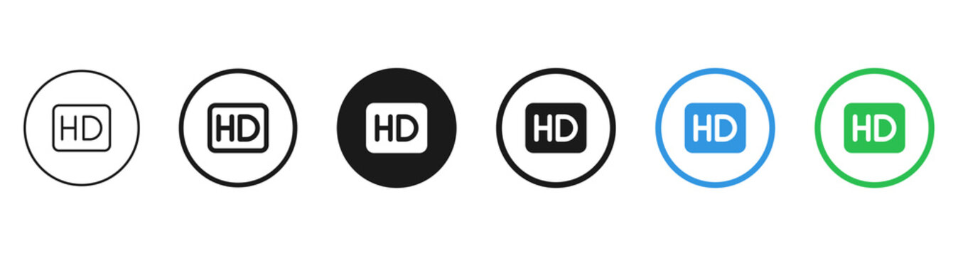 HD Label Round Button Icon Collection Set : HD label icon buttons in outline, solid, and color styles for video quality, resolution settings, media badges, and screen identifiers.