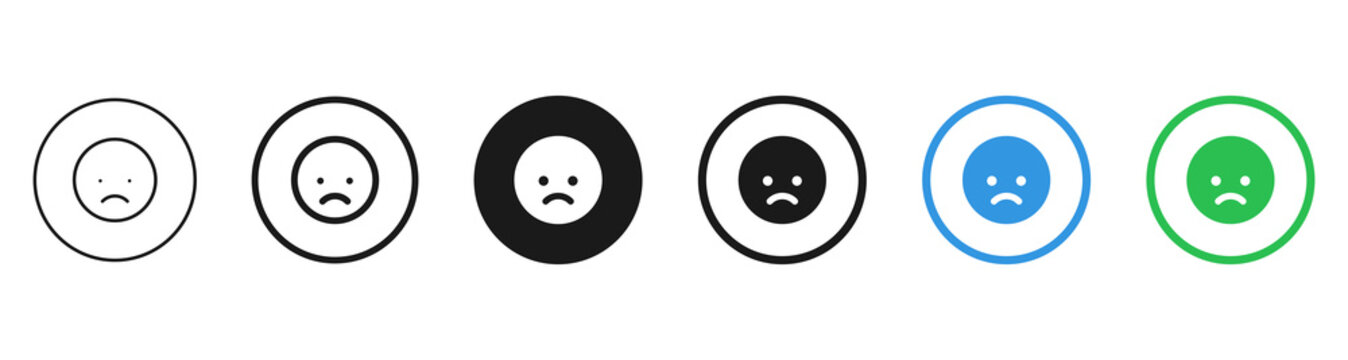 Sad Face Feedback Reaction Button Icon Set : Sad reaction face button set in outline, solid, and colored circle styles for reviews, ratings, customer feedback, and UI response states.