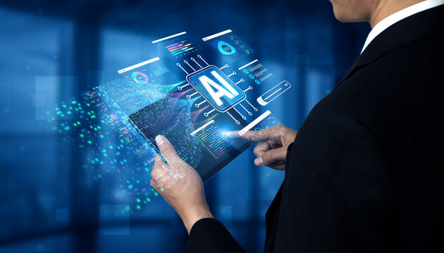 Business professional exploring artificial intelligence concepts through futuristic digital hologram on tablet device in modern workspace Sigmoid