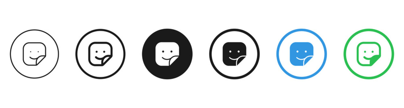 Happy Face Sticker Feedback Button Collection : Happy reaction face button set in outline, solid, and colored circle styles for ratings, reviews, user sentiment, and positive feedback UI.
