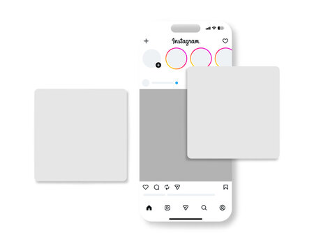 Instagram Mockup, Social Media App Interface Post Mock up Template : Mobile social app screen mockup with floating cards and soft shadows, suitable for UI presentation, portfolio previews, showcases.