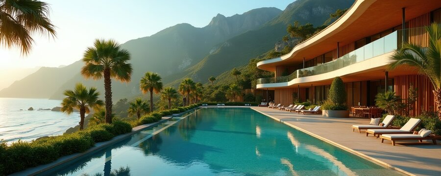 Luxury villa with infinity pool overlooks ocean coast and mountains. Palm trees line poolside with lounge chairs. Modern architecture offers sunny relaxation spot.