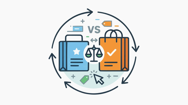 Comparison Shopping Concept: A visual representation of comparing two shopping bags, symbolizing the decision-making process in consumer choices and online shopping comparison.
