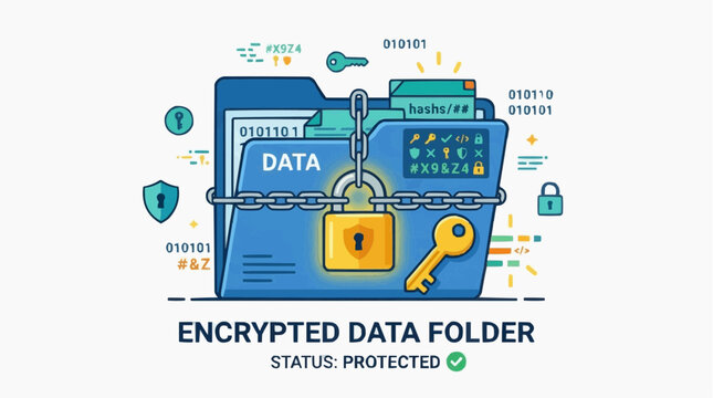 Secured Data Folder: A digital folder labeled 'DATA' is securely locked with a chain and padlock, surrounded by binary code and security icons, representing data protection and encryption.