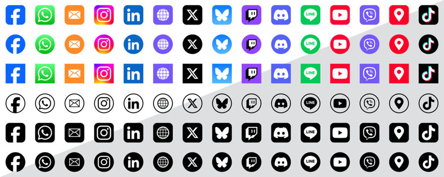 Social Network Platform Icon Collection Set : Collection of popular social platform icons including ; youtube, tiktok, facebook, instagram, linkedin, x, logo, icon, buttons