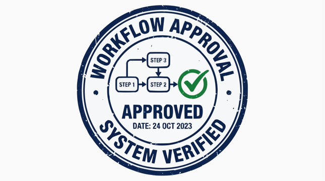 Workflow Approved Stamp: A circular stamp with the text WORKFLOW APPROVAL SYSTEM VERIFIED and APPROVED prominently displayed, featuring a simple flowchart and a green checkmark.