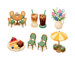 Naklejka premium May cafe gathering. Isometric flat vector icons set of May cafe gathering: outdoor cafe table for friends, iced coffee glasses, spring flower vase, shared dessert plate, cafe chair set, sunny patio