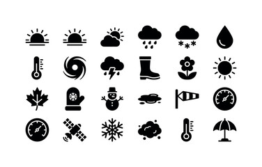 Obraz premium Seasonal Sky Symbols. Solid glyph icon set of weather icon set: sunrise, sunset, partly cloudy sun, drizzle cloud, blizzard cloud, dew drop, temperature gauge, cyclone, thunderstorm, rain boot, spring