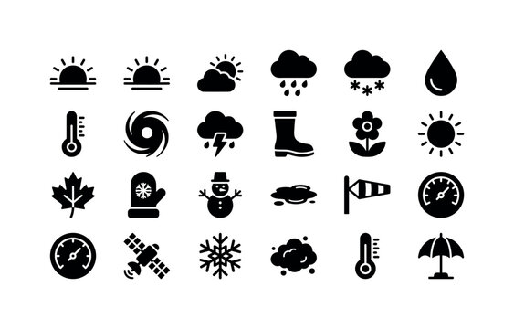Seasonal Sky Symbols. Solid glyph icon set of weather icon set: sunrise, sunset, partly cloudy sun, drizzle cloud, blizzard cloud, dew drop, temperature gauge, cyclone, thunderstorm, rain boot, spring