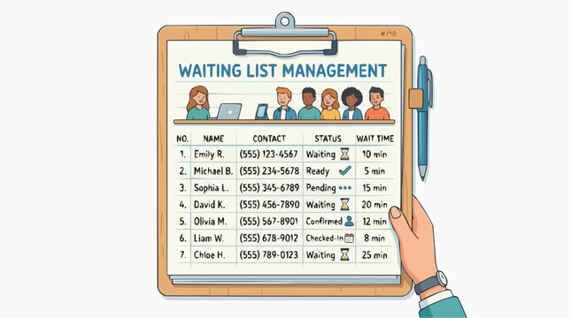 Waiting List Management Clipboard: A hand holds a clipboard displaying a Waiting List Management table, detailing names, contact information, status, and wait times for a group of diverse individuals.