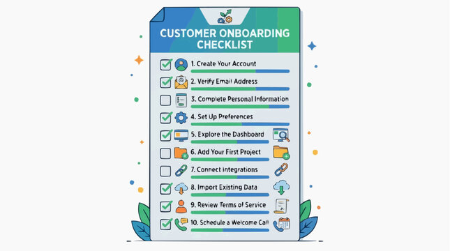 Customer Onboarding Checklist Illustrated: A vibrant illustration of a customer onboarding checklist presented on a document, featuring clear steps and playful icons.