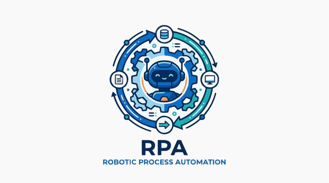 Robotic Process Automation Icon: A stylized circular icon depicting a friendly blue robot at the center, surrounded by gears and icons representing automated business processes.