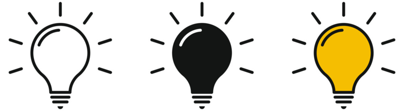 Light Bulb Idea Lamp Icon Collection Set : Light bulb icon set in outline, solid, and colored styles for ideas, innovation, brainstorming, education, electricity, and startups.