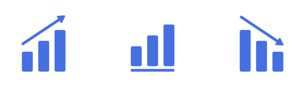 Business Statistics Growth Arrow Icon Set : Statistics icon set with rising, steady, and falling bar charts for analytics, reports, performance, growth, business dashboards, and data.