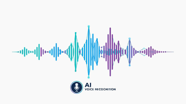 AI Voice Recognition Soundwave: A vibrant sound wave visualization represents artificial intelligence voice recognition technology, showcasing audio input with a digital waveform and AI icon.