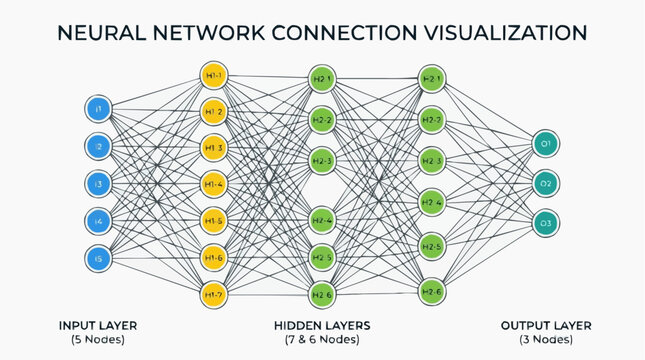 Neural Network Connection Visualization: A clear and detailed illustration of a neural network, showcasing the input layer, multiple hidden layers, and output layer with connecting nodes and lines.