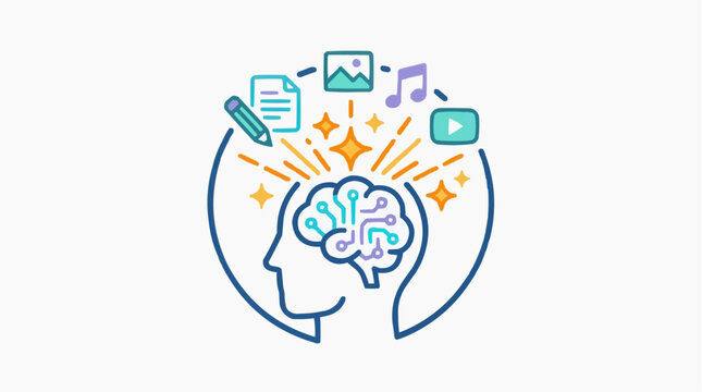 Creative Mind: An illustration depicting a stylized human head with a vibrant, energized brain, surrounded by icons representing various creative elements such as writing, images, music, and video.