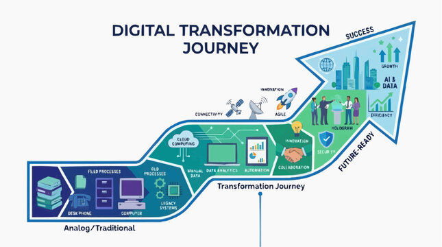 Digital Transformation Journey: An infographic illustrates the pathway from analog to digital, depicting stages of technological evolution towards future-ready success.